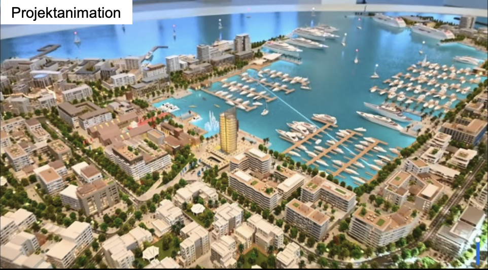 Modell einer modernen Hafenstadt mit zahlreichen Yachthäfen, Gebäuden und türkisblauem Wasser.